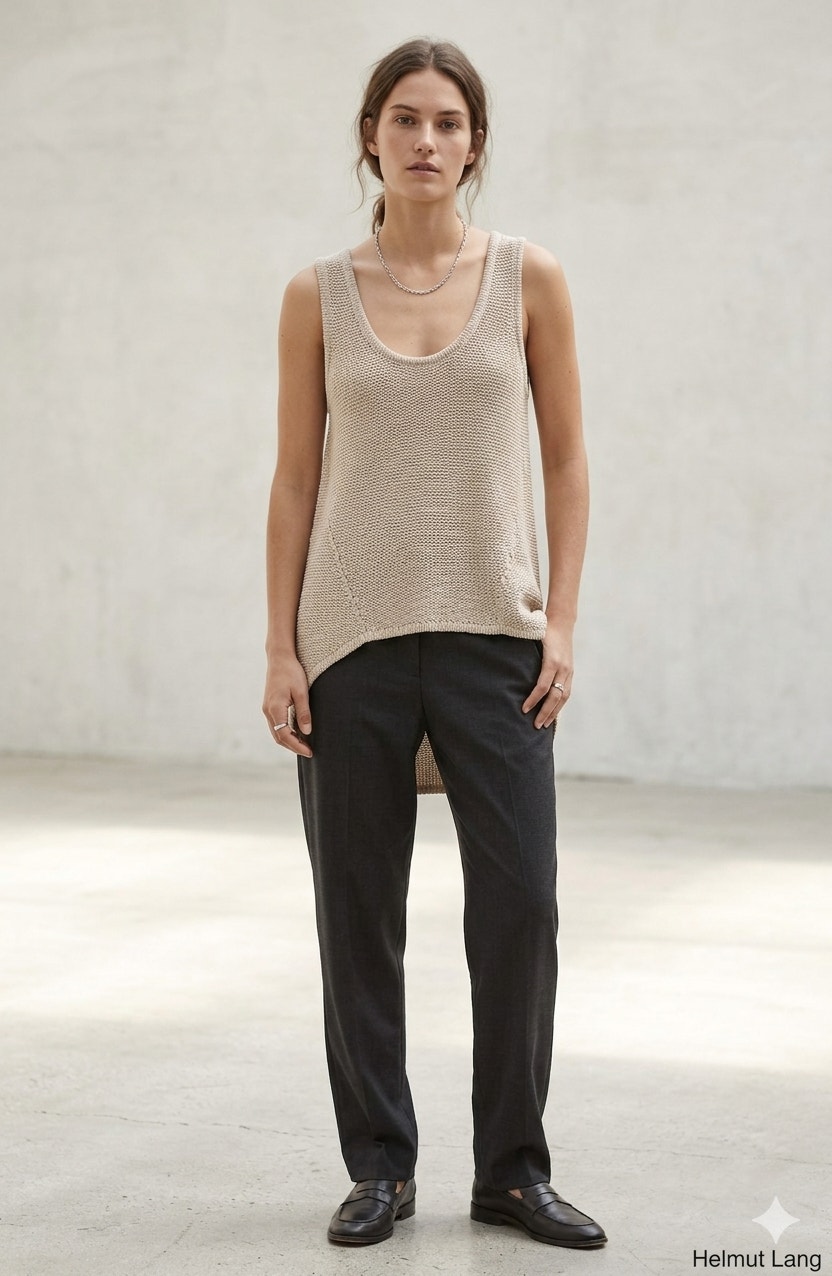 Helmut Lang Beige Loose Knit Tank Top Cotton Linen Blend Sleeveless Scoop Neck P